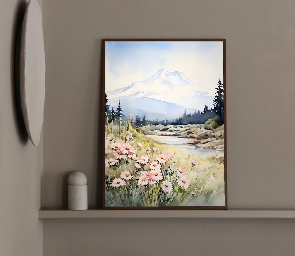 Mount Saint Helens Pink Daisies Snow Peak Watercolor Floral Poster - Image 3