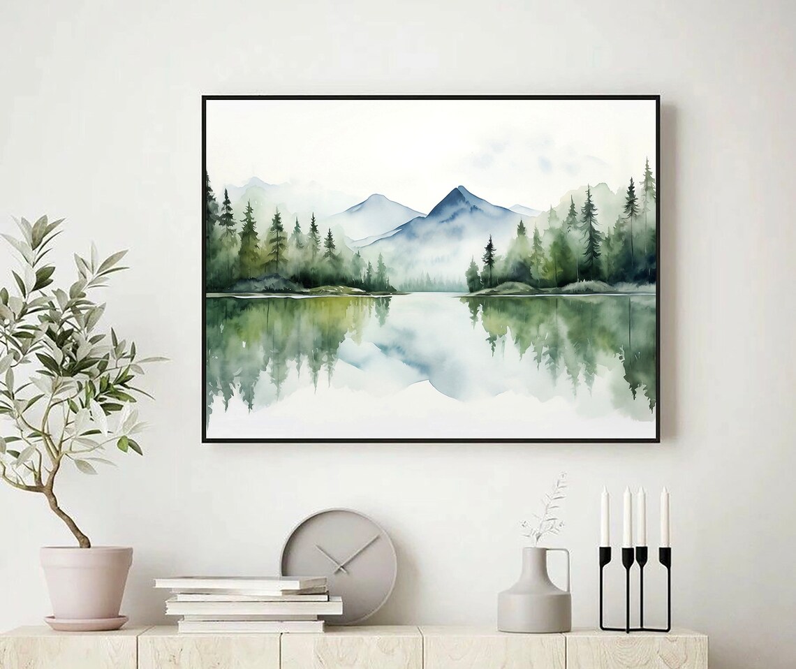 Misty Mountain Lake Reflection Watercolor Forest Landscape Poster - Image 3