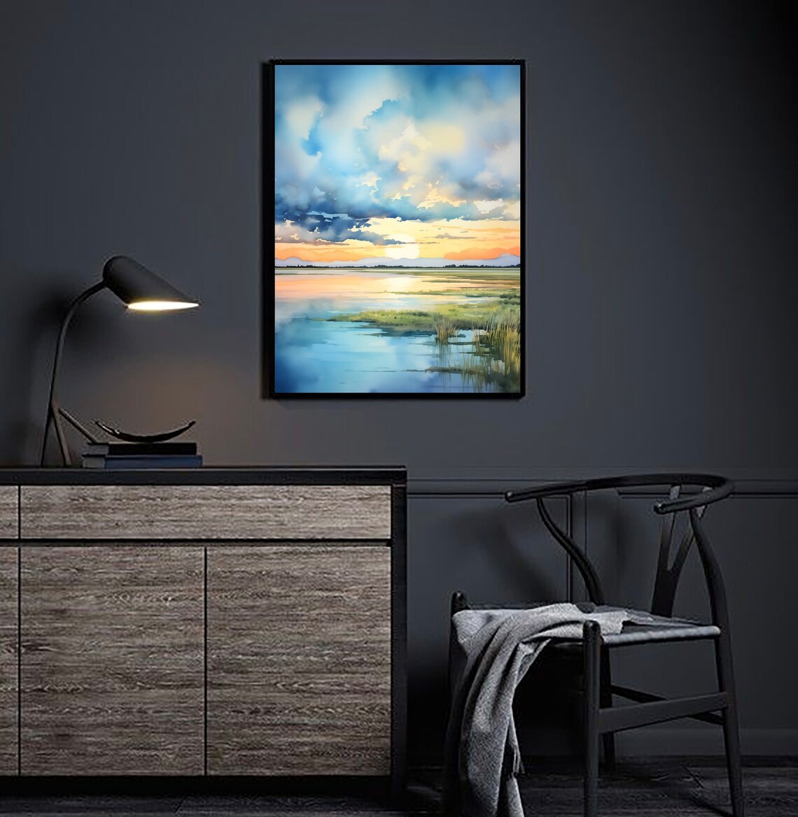 Nebraska Sunrise Lake Dramatic Cloudy Sky Watercolor Landscape Poster - Image 2