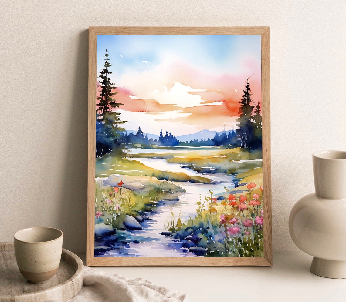 Idaho Forest River Sunset Pine Trees Stream Watercolor Poster - Image 4