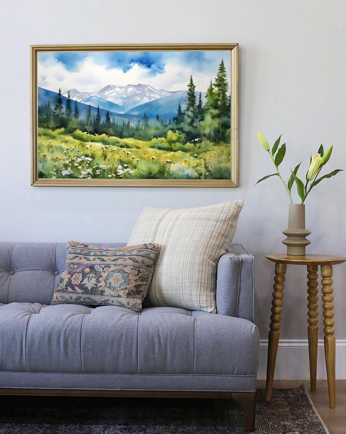Whiteface Mountain Wildflower Meadow Snow Peak Watercolor Art Poster - Image 4
