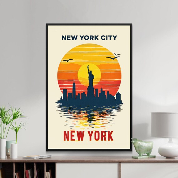 New York City Statue of Liberty Skyline Sunset Harbor Poster