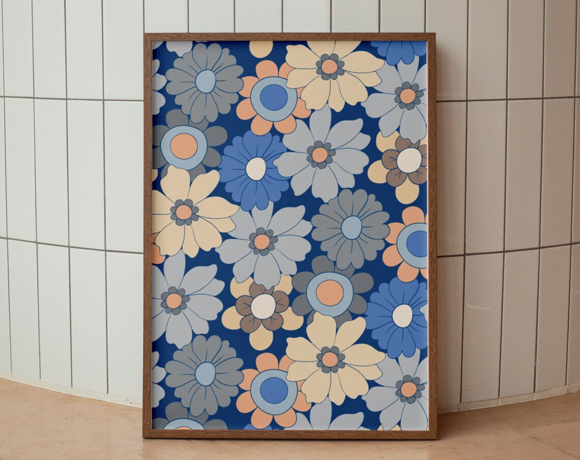 Blue Retro Flower Pattern Groovy Daisy 70s Floral Wall Decor Poster - Image 2