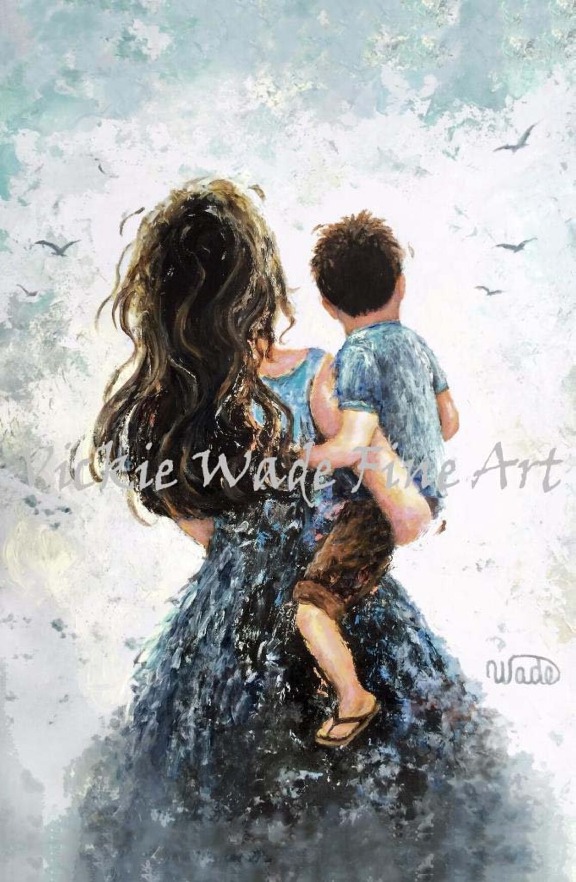 Mother Carrying Her Little Son in Her Arms Seen From Behind Poster