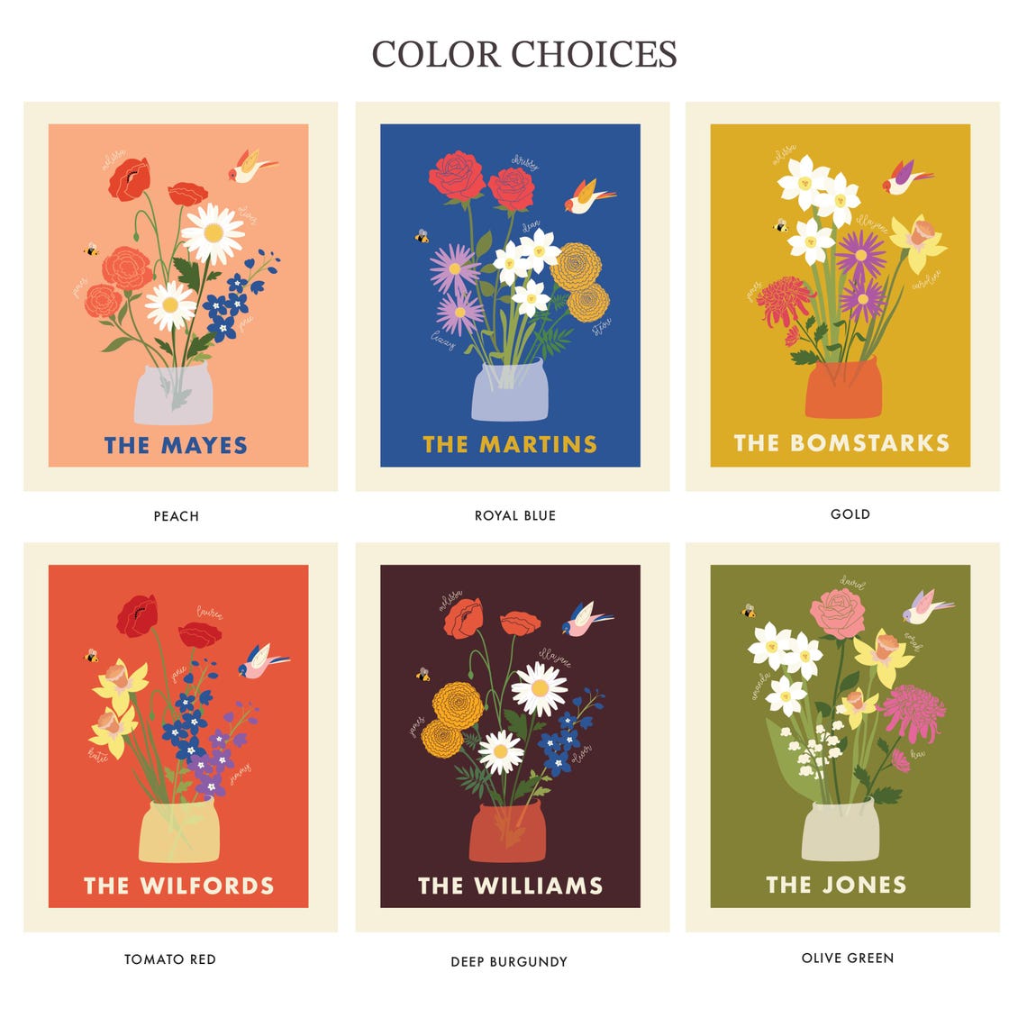 Personalized Birth Flower Bouquet with Poppy and Bird Family Art Print - Image 5