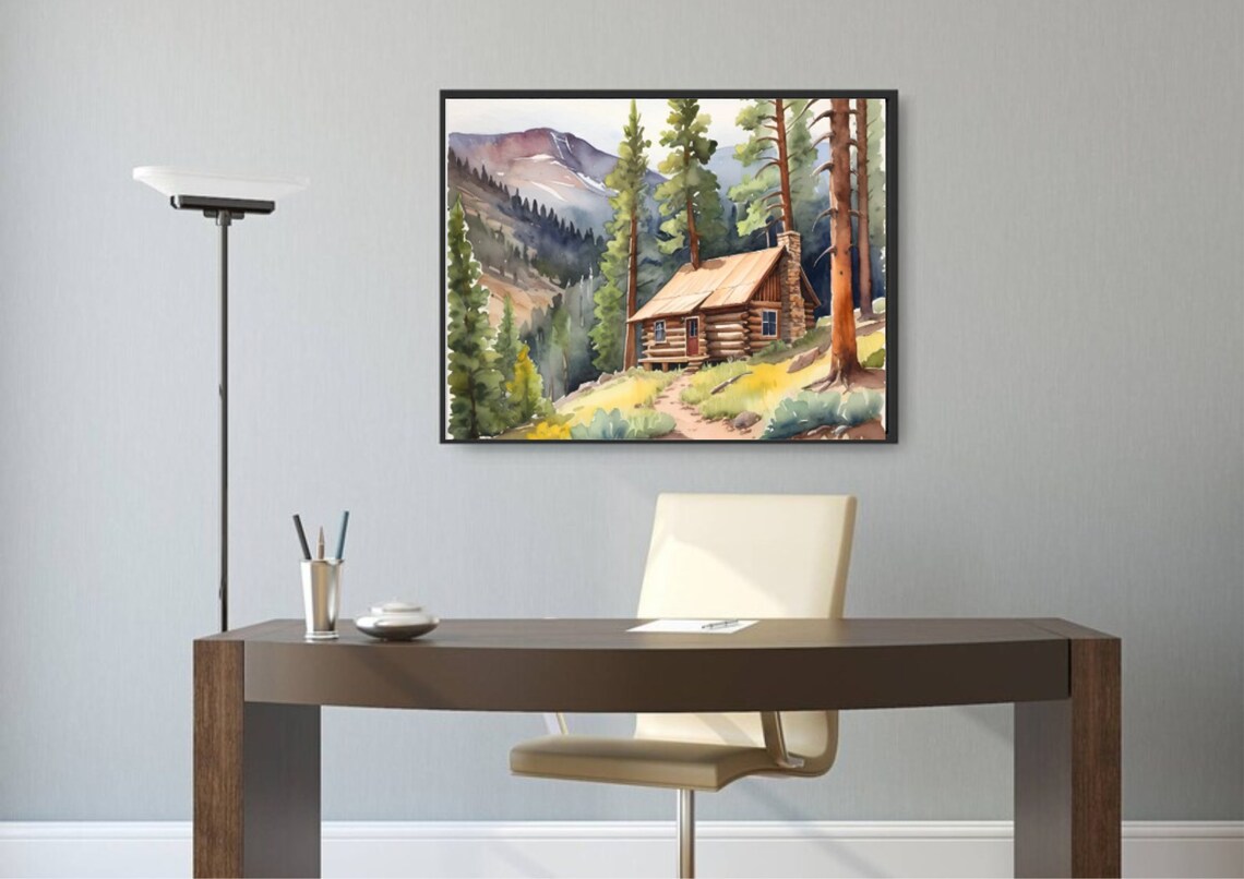 Colorado Mountain Cabin Pine Forest Watercolor Landscape Poster - Image 5