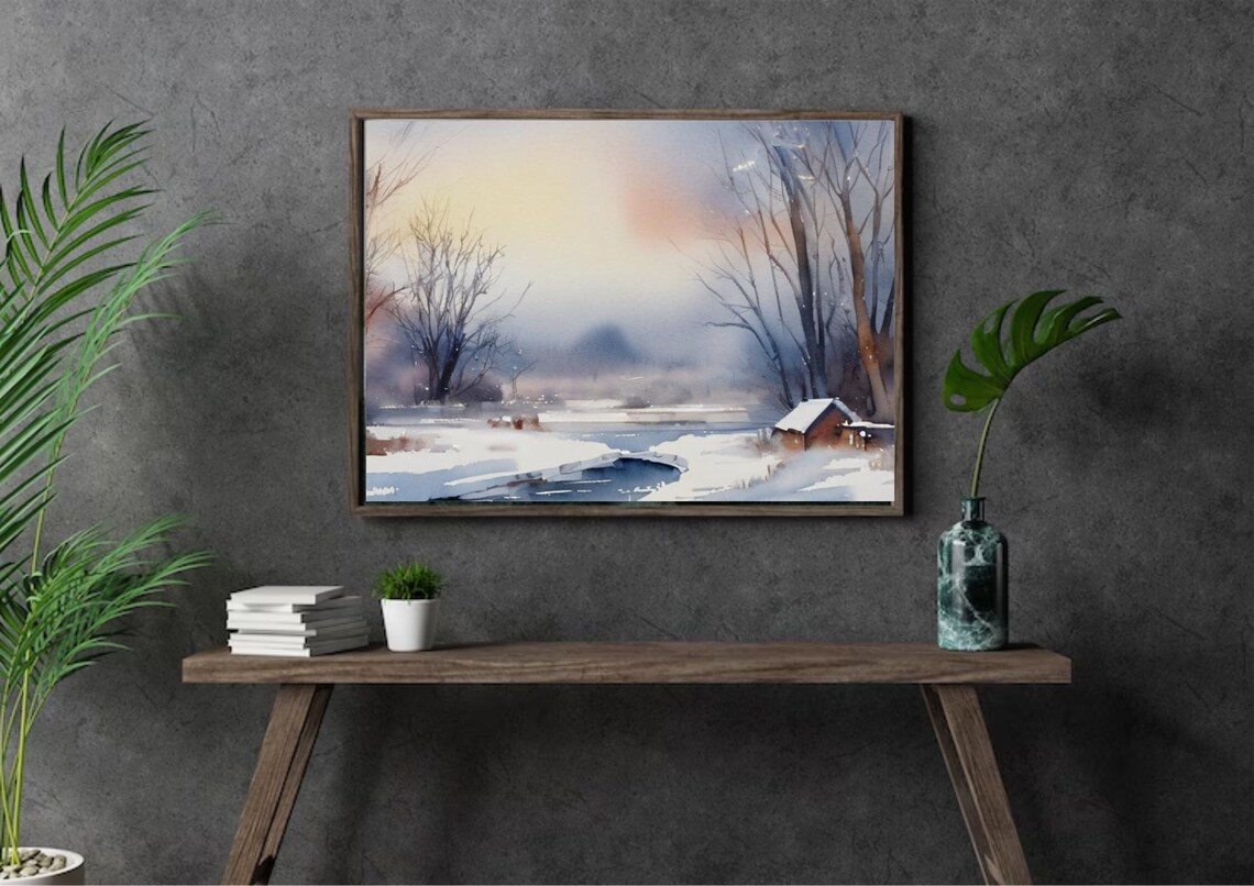 Winter Lake Cabin Watercolor in Soft Snowy Blue Tones Poster - Image 3