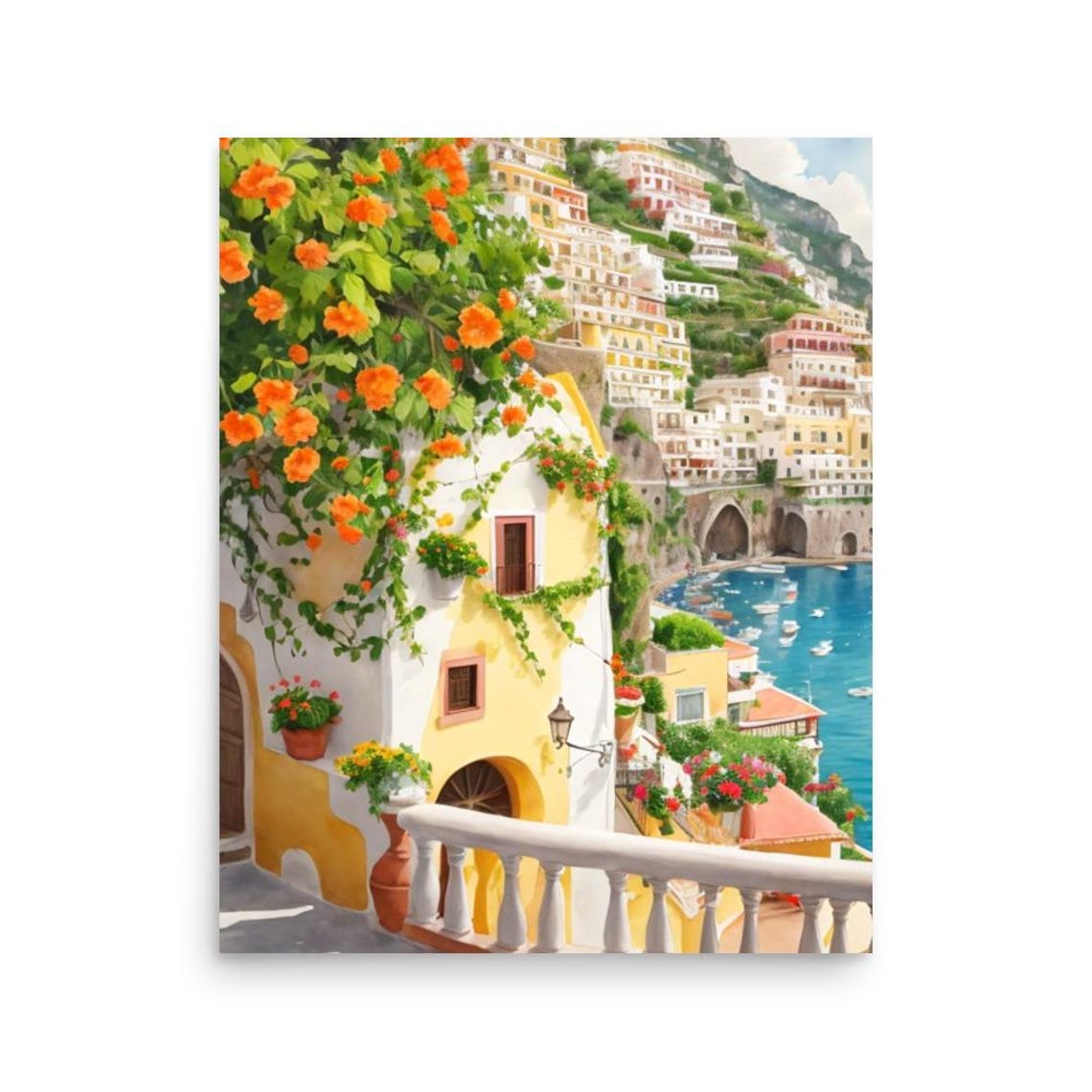 Positano Cityscape Painting Amalfi Coast Watercolor Art Print Flowers Bush Wall Art Italian Cityscape Print Italy Art Positano Travel Art - Image 6