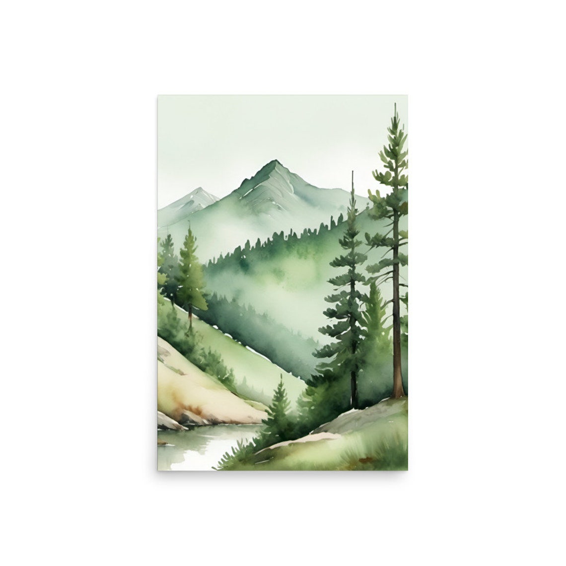 Sage Green Evergreen Mountain Stream Misty Watercolor Poster - Image 2