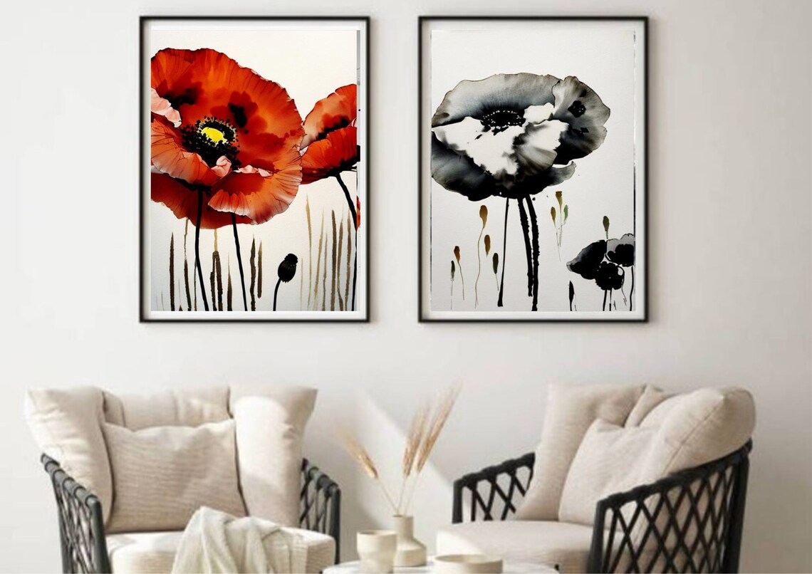 Black and White Poppies Ink Wash Modern Floral Watercolor Poster - Image 3
