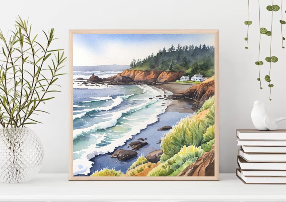 Oregon Coast Rocky Cliffs Beach Houses Watercolor Seascape Poster - Image 3