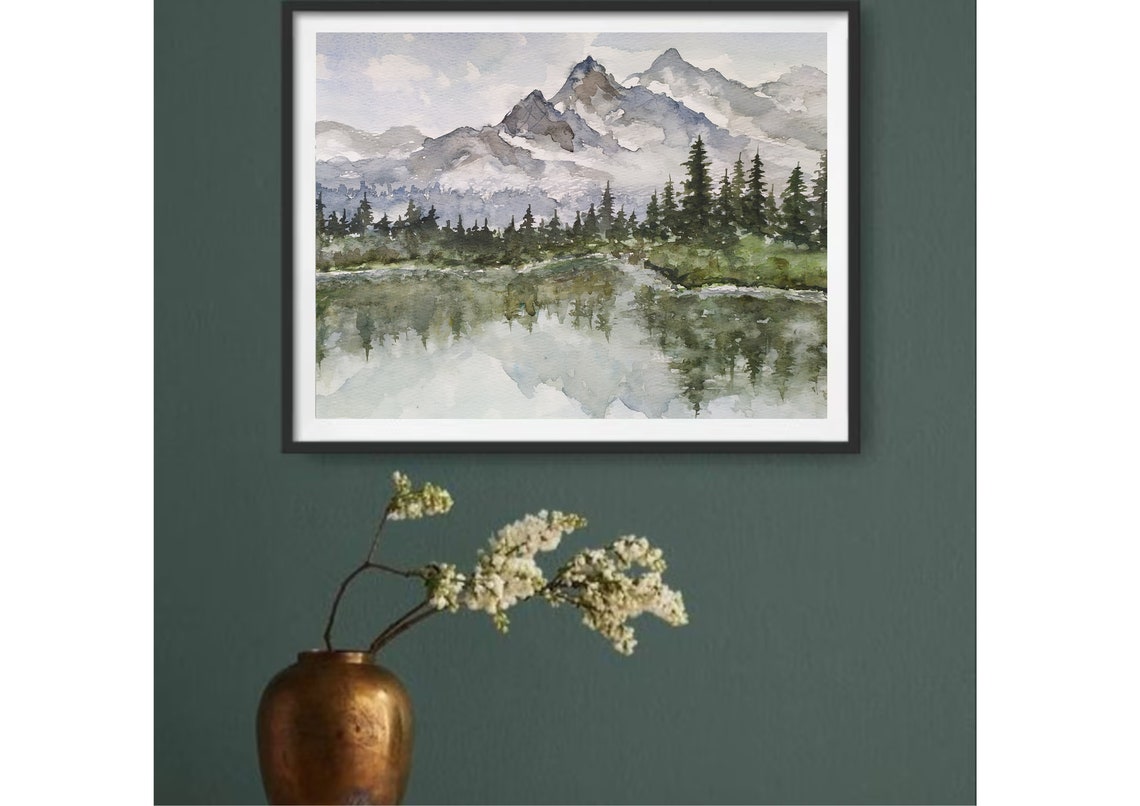 Misty Snowy Mountain Peaks Reflected In A Pine Forest Lake Art Poster - Image 5