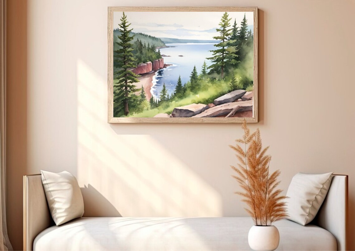 Lake Superior Painting Mountain Lake Watercolor Art Print Pine Fores Wall Art Great Lakes Of North America Panoramic Evergreen Landscape Art - Image 4