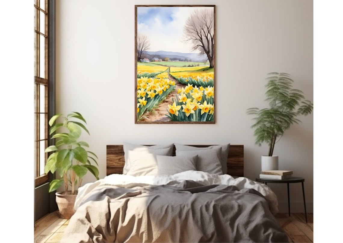 Yellow Daffodil Field Farm Path Spring Watercolor Flower Poster - Image 4