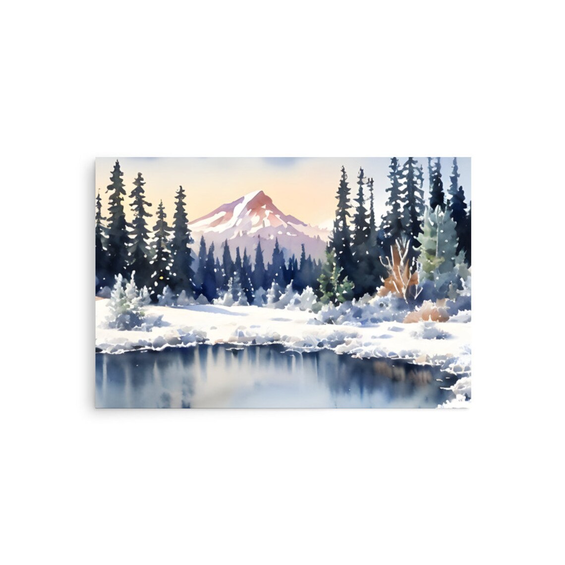 Winter Mountain Lake Watercolor Sunset Over Snowy Peaks Poster - Image 2