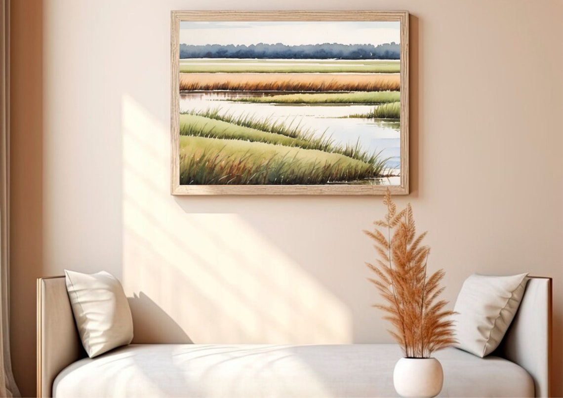 Louisiana Marsh Grass Water Watercolor Panoramic Wetland Art Poster - Image 4
