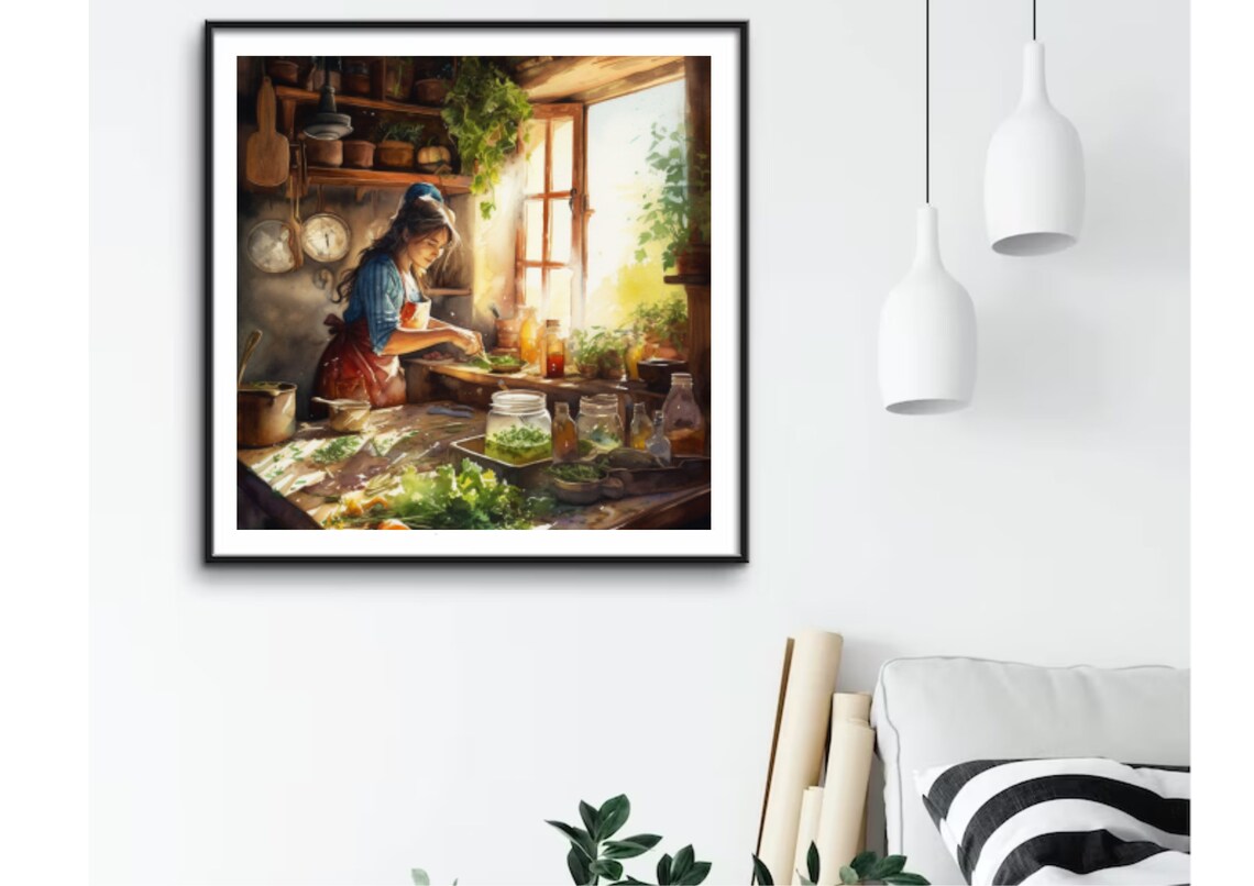 Woman Cooks in a Country Kitchen, French Country Print - Image 2
