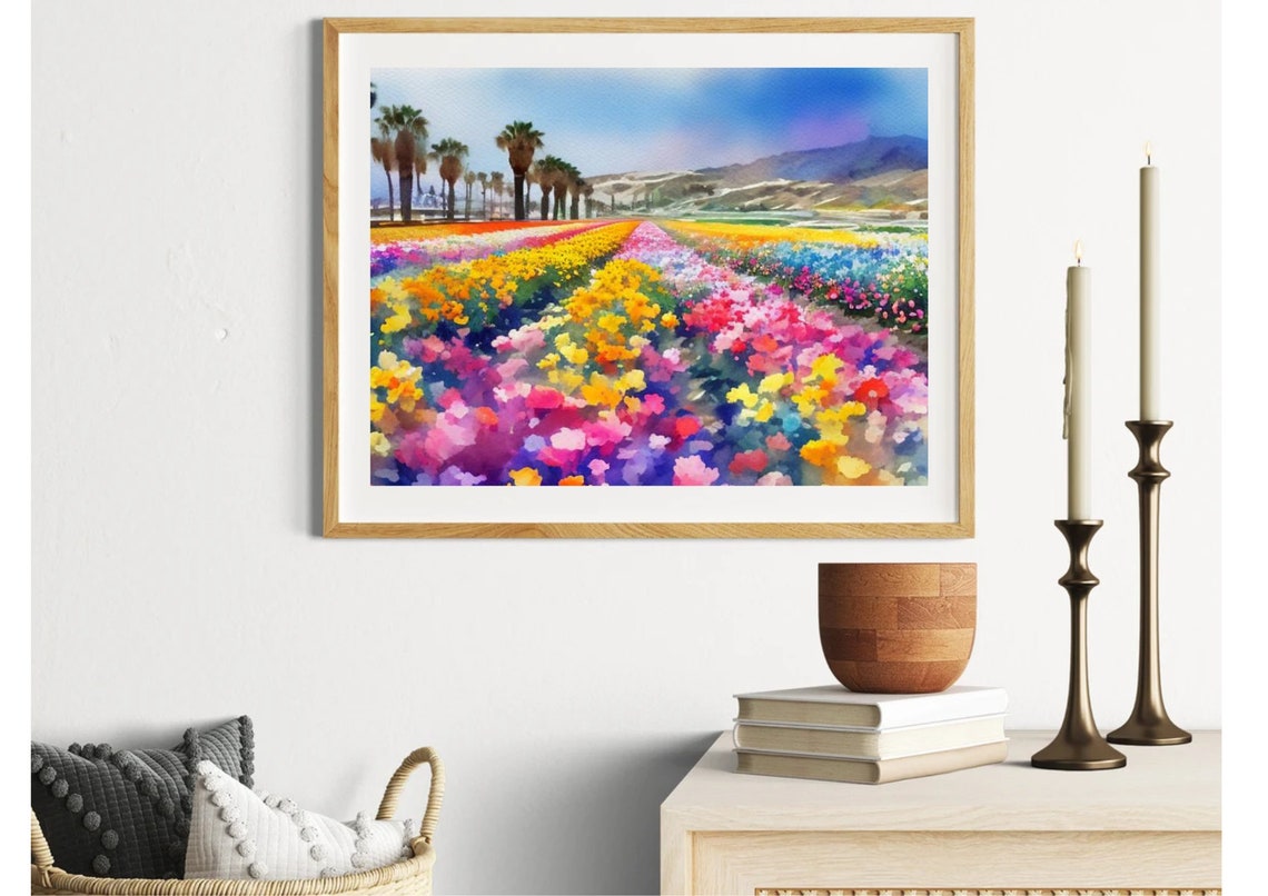 California Painting Carlsbad Flower Fields Watercolor Art Print California Spring Landscape Wall Art Field Of Flowers Landscape Art Poster - Image 5