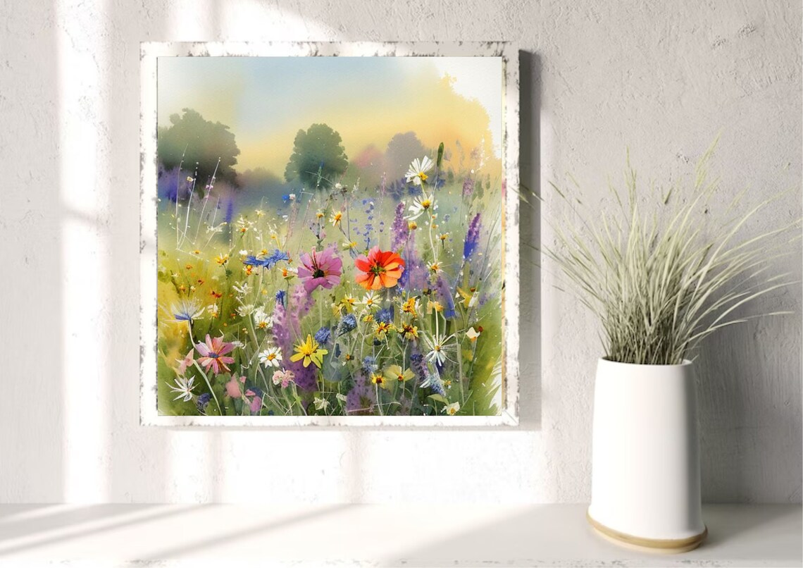 Field Of Flowers Watercolor Wildflowers Landscape Art Print - Image 3