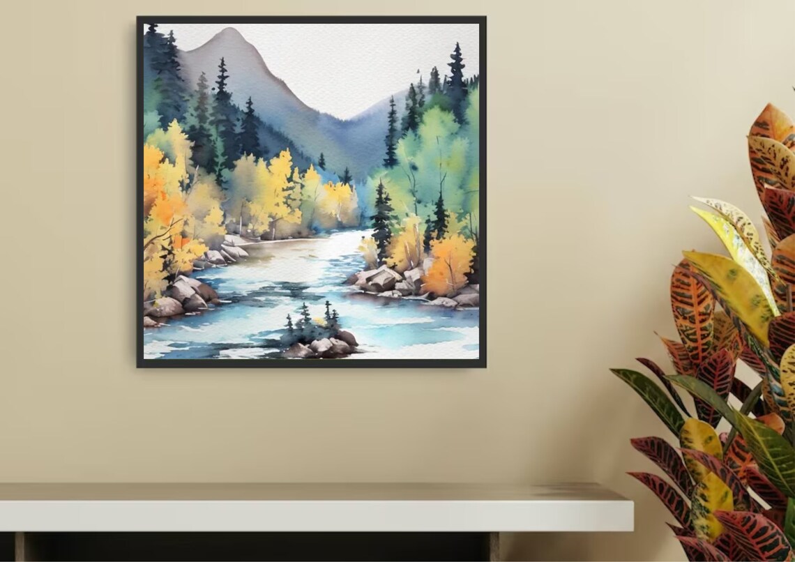 Autumn River Valley With Golden Aspens And Pine Trees Watercolor Print - Image 2