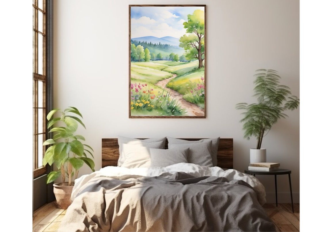 Spring Wildflower Meadow Path Trees Mountains Watercolor Poster - Image 3