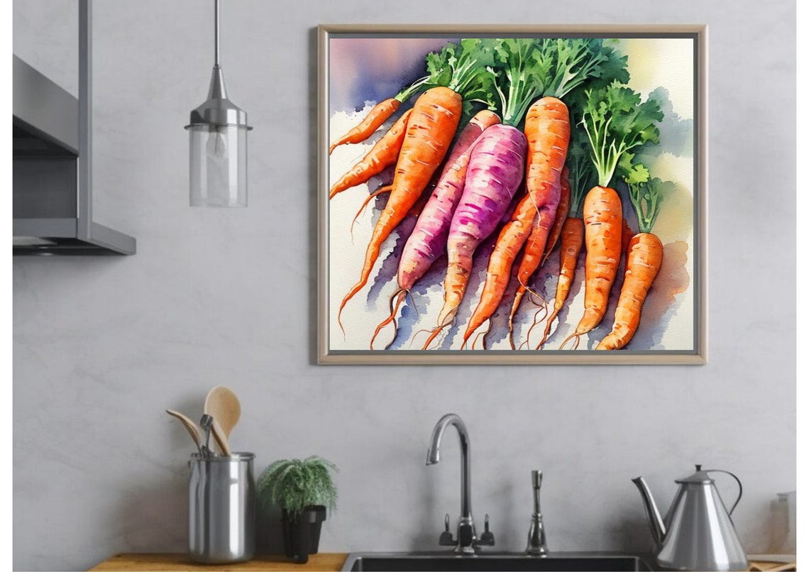 Fresh Carrots Bunch Orange Violet Watercolor Kitchen Still Life Poster - Image 3