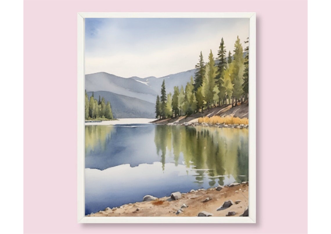 Mountain Lake Pine Forest Reflection Watercolor Idaho Landscape Poster - Image 6