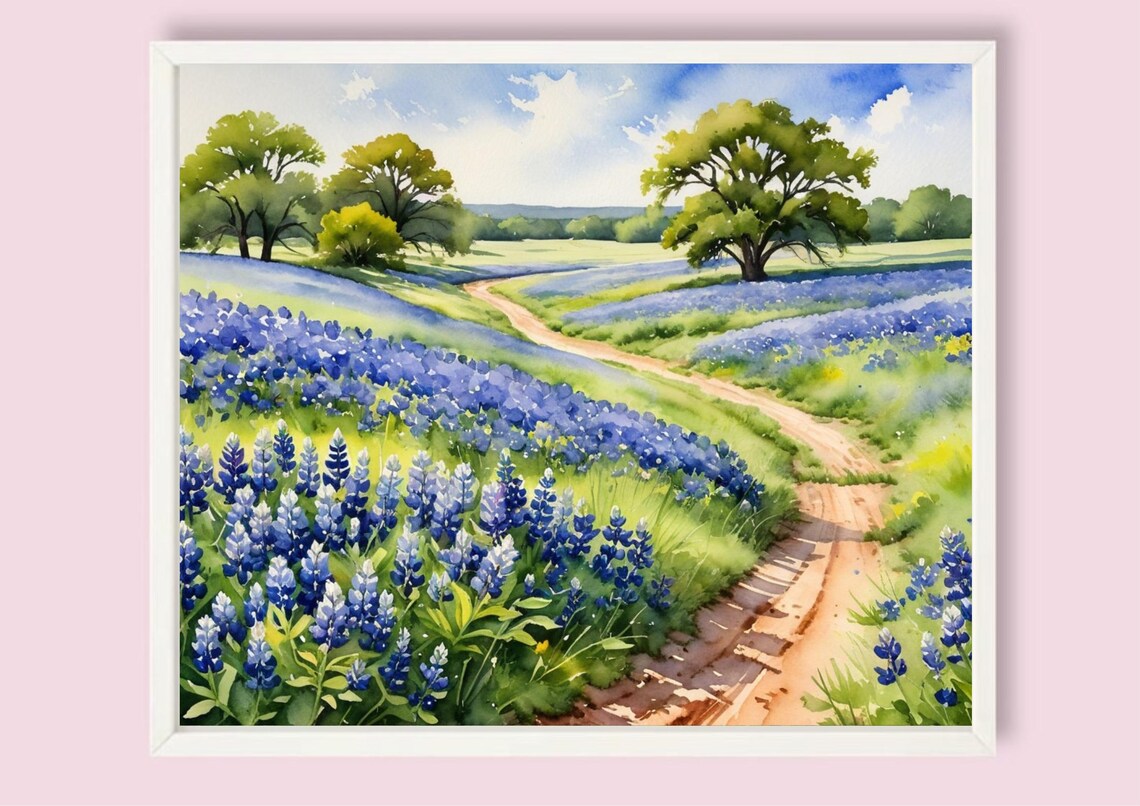 Bluebonnet Meadow Watercolor Art Print, Texas Road - Image 4