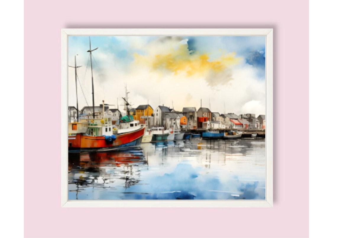 Scandinavian Fishing Village Painting Fishing Ships Watercolor Art Print Harbor Wall Art Scandinavian Houses Art Panoramic Sea Port Painting - Image 6