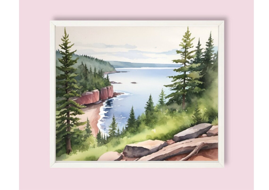 Lake Superior Painting Mountain Lake Watercolor Art Print Pine Fores Wall Art Great Lakes Of North America Panoramic Evergreen Landscape Art - Image 6