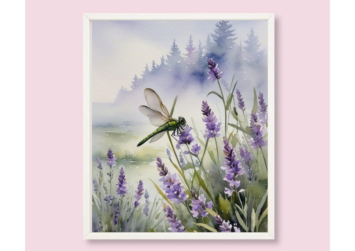 Dragonfly Painting Dragonfly And Lavender Meadow Watercolor Art Print Insect Wall Art Lavender Flowers Art Botanical Poster Floral Artwork - Image 6