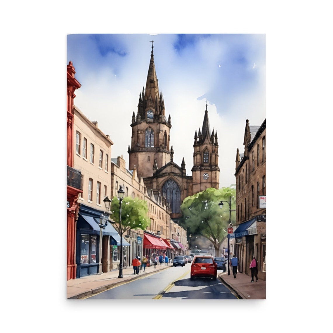 Edinburgh Painting Scotland Cityscape Watercolor Art Print Scottish Town Wall Art Edinburgh Street And St Marys Cathedral Watercolor Print - Image 2