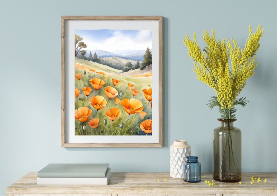 California Poppies Meadow Painting Orange Poppies Watercolor Art Print Wildflowers Meadow Artwork California Country Landscape Wall Art - Image 4