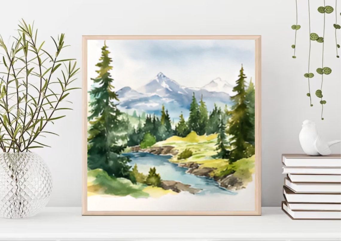 Mountain River Pine Trees Snowy Peaks Fresh Alpine Watercolor Poster - Image 5