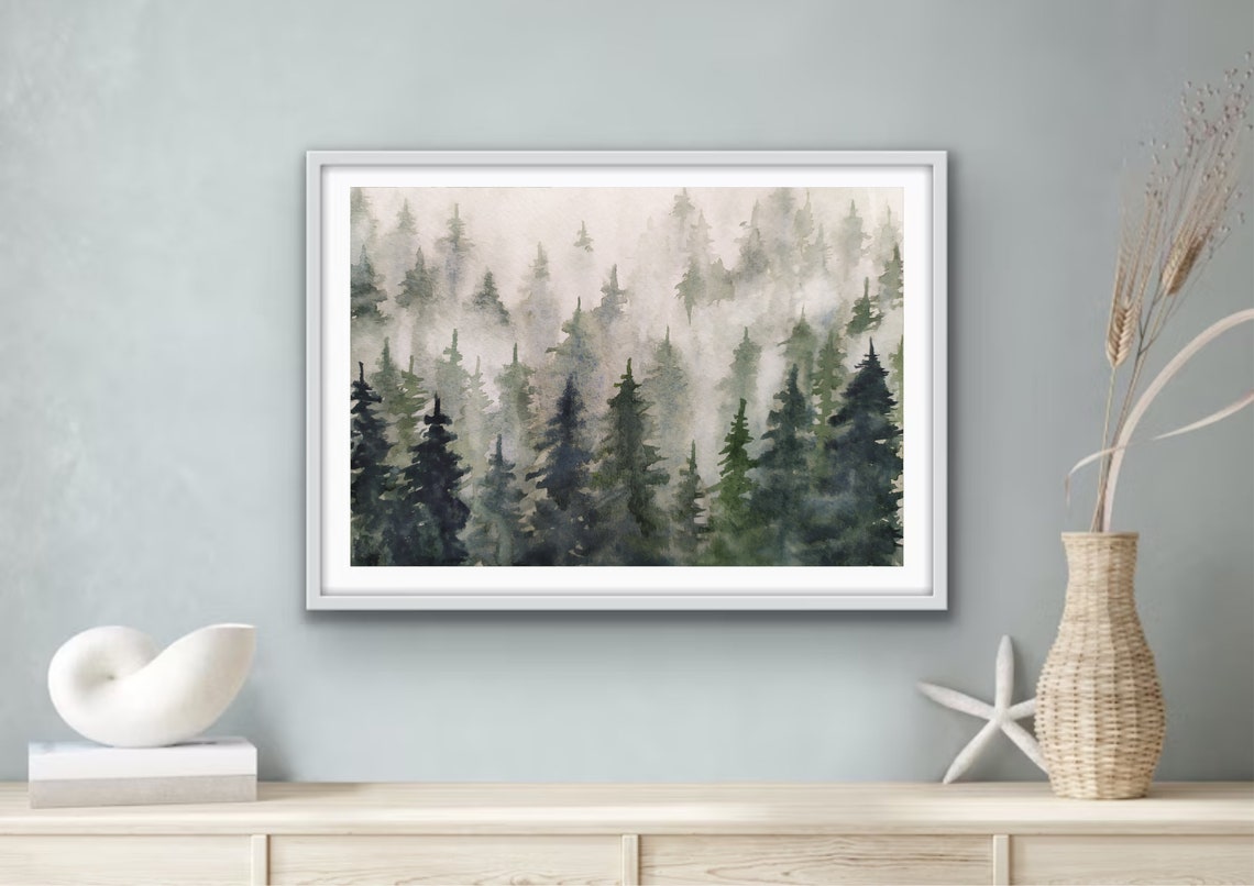 Fog Shrouded Pine Forest Treetops Watercolor Nature Art Print - Image 3