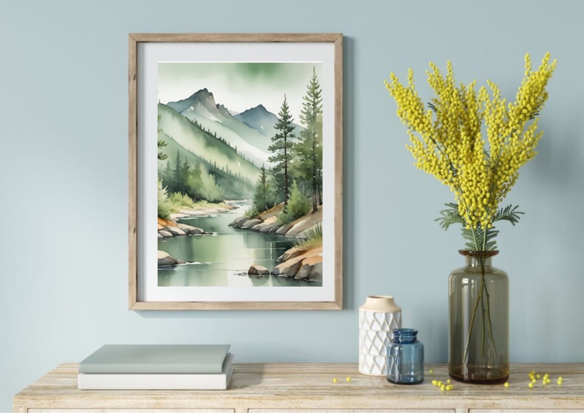 Mountain River Rocky Pine Banks Peaks Watercolor Nature Poster - Image 3