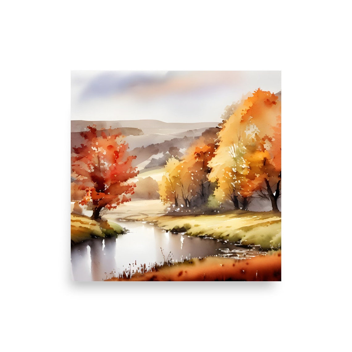 Autumn River Landscape Watercolor With Golden Fall Trees Poster - Image 2