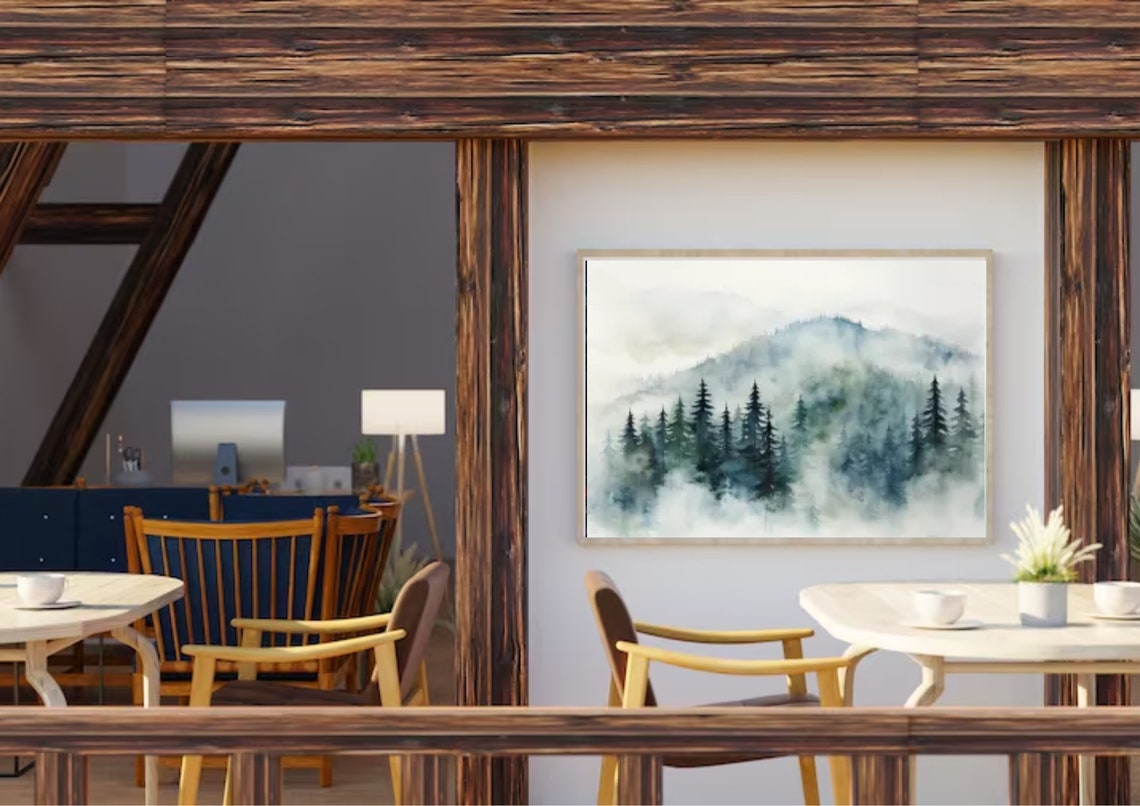 Foggy Mountain Pine Forest Watercolor in Pale White Mist Poster - Image 4