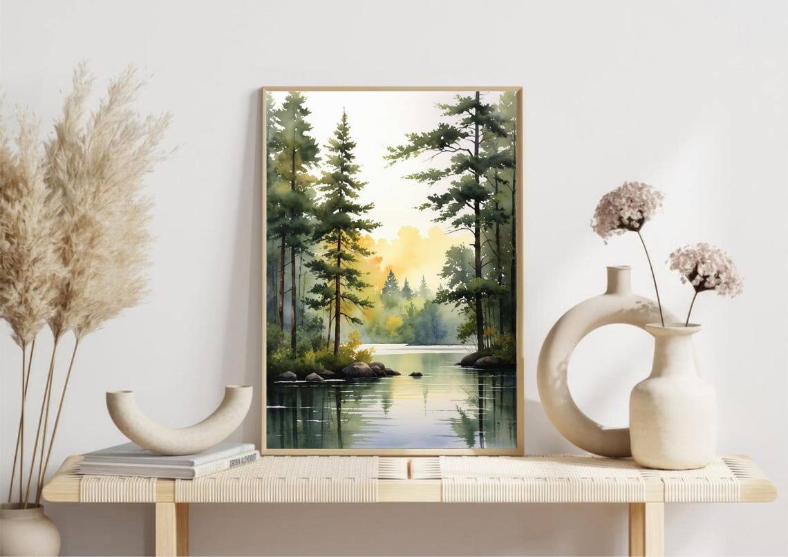 Soft Misty Pine Forest Lake Watercolor Morning Light Scene Poster - Image 4