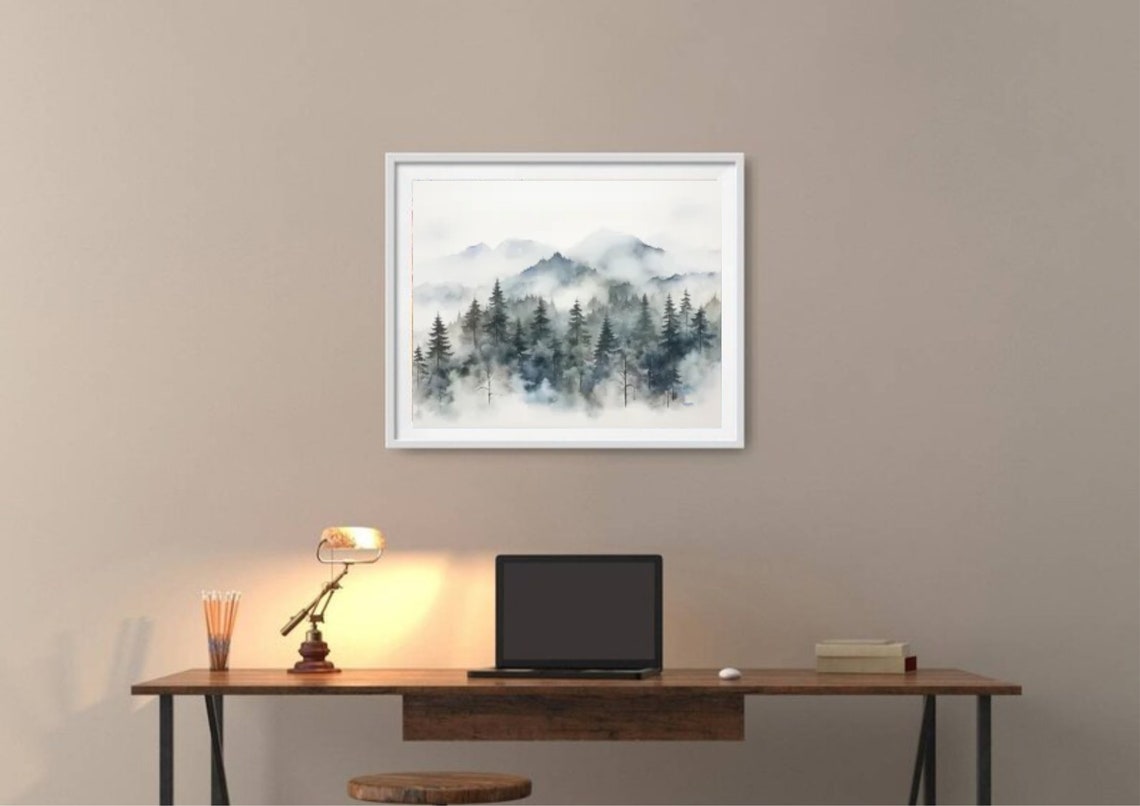 Foggy Evergreen Pine Forest Misty Gray Mountain Watercolor Poster - Image 2