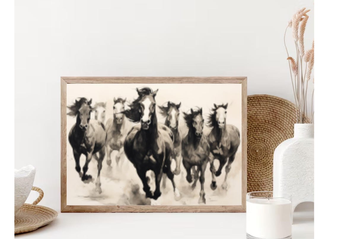 Galloping Horse Herd Watercolor Monochrome Motion Art Poster - Image 5