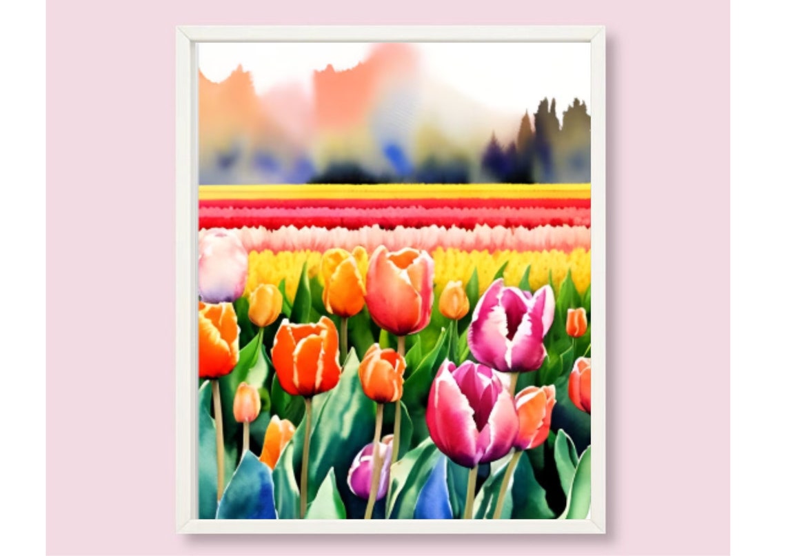 Tulips Painting Field Of Tulips Watercolor Art Print Spring Landscape Wall Art Field Of Spring Flowers Watercolor Art Floral Landscape Print - Image 6
