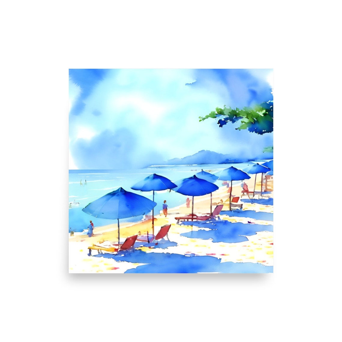 Florida Beach Blue Umbrellas Sunny Summer Coast Watercolor Poster - Image 2