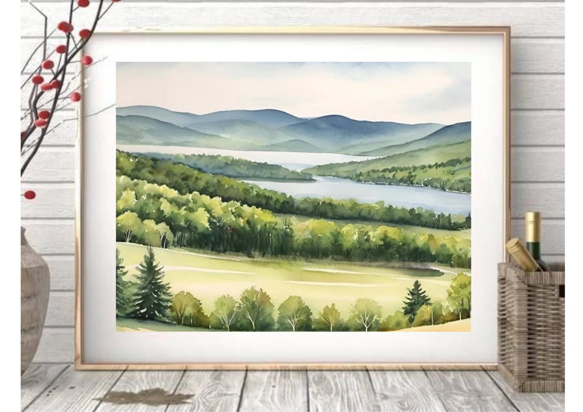 Vermont Green Mountain Lake Watercolor New England Landscape Poster