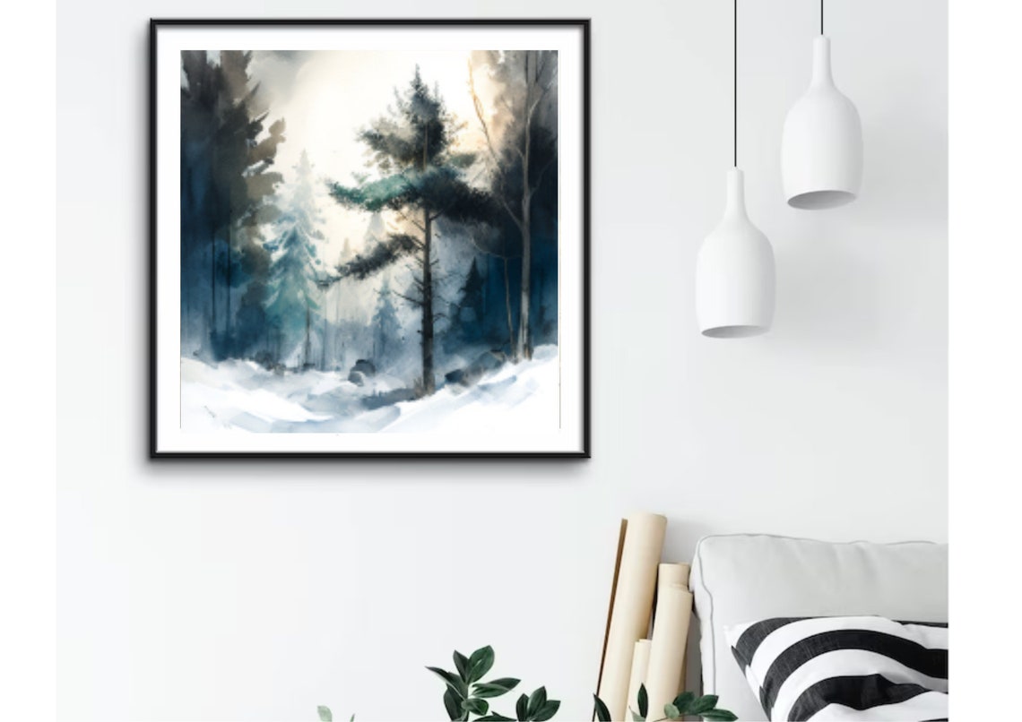 Snowy Winter Pine Forest Watercolor With Soft Breaking Sunlight Poster - Image 3