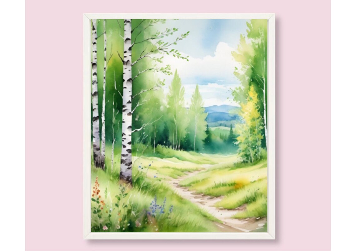 Aspen Hiking Trail in Birch Forest, Watercolor Art Print - Image 6