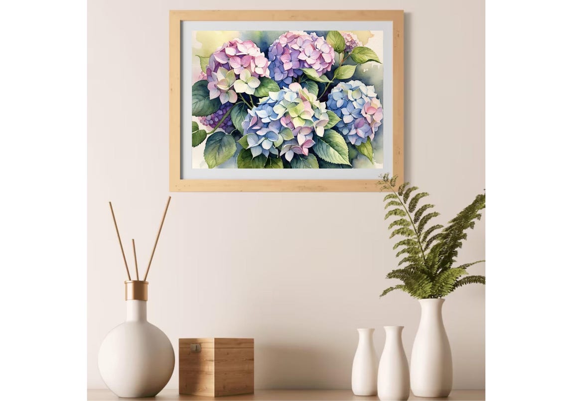 Romantic Pink Purple Hydrangea Blooms Watercolor Floral Poster - Image 3