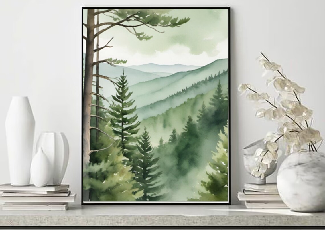 Misty Appalachian Ridges Tall Pines Watercolor Mountain Poster - Image 5