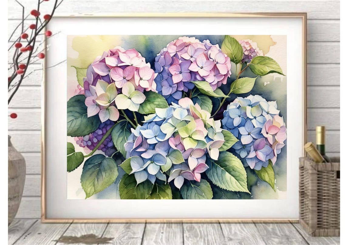 Romantic Pink Purple Hydrangea Blooms Watercolor Floral Poster - Image 6