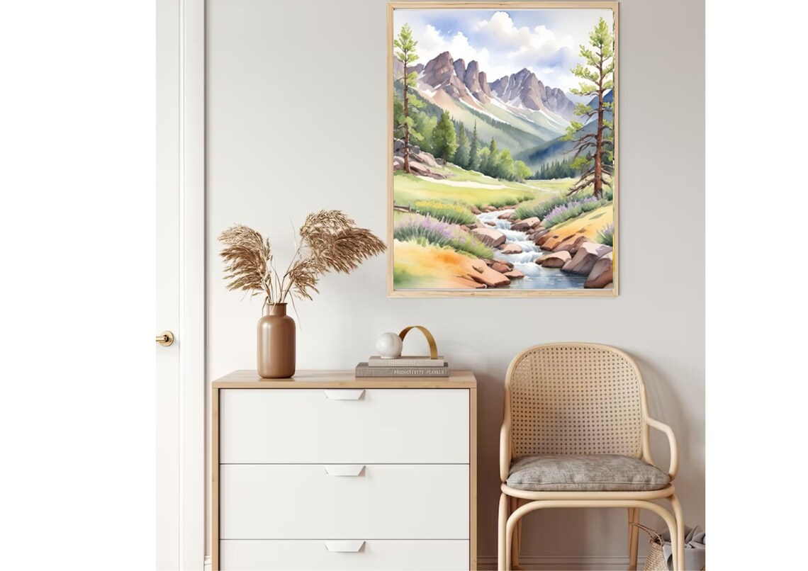 Rocky Mountains Mountain River Watercolor Wall Art Print - Image 2